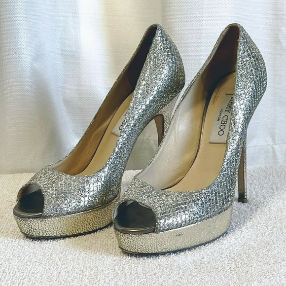 Jimmy Choo Heels 36.5 6.5 Crown Gold Silver Metallic Glitter Platform Peeptoe - Picture 1 of 9